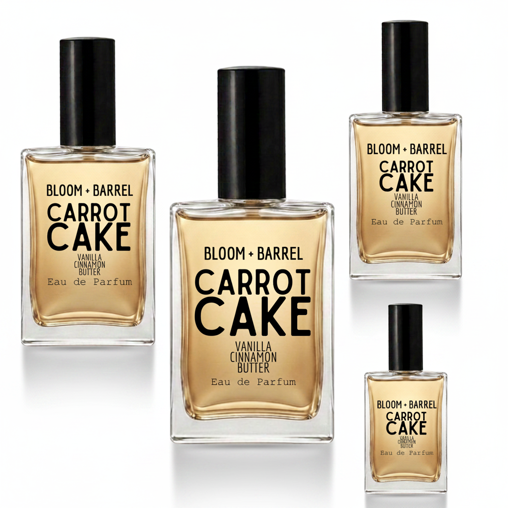 Four bottles of Bloom + Barrel Carrot Cake Eau de Parfum in different sizes, arranged on a plain white background. The bottles contain a warm golden-amber liquid and are topped with black caps, with black text on the front labels.