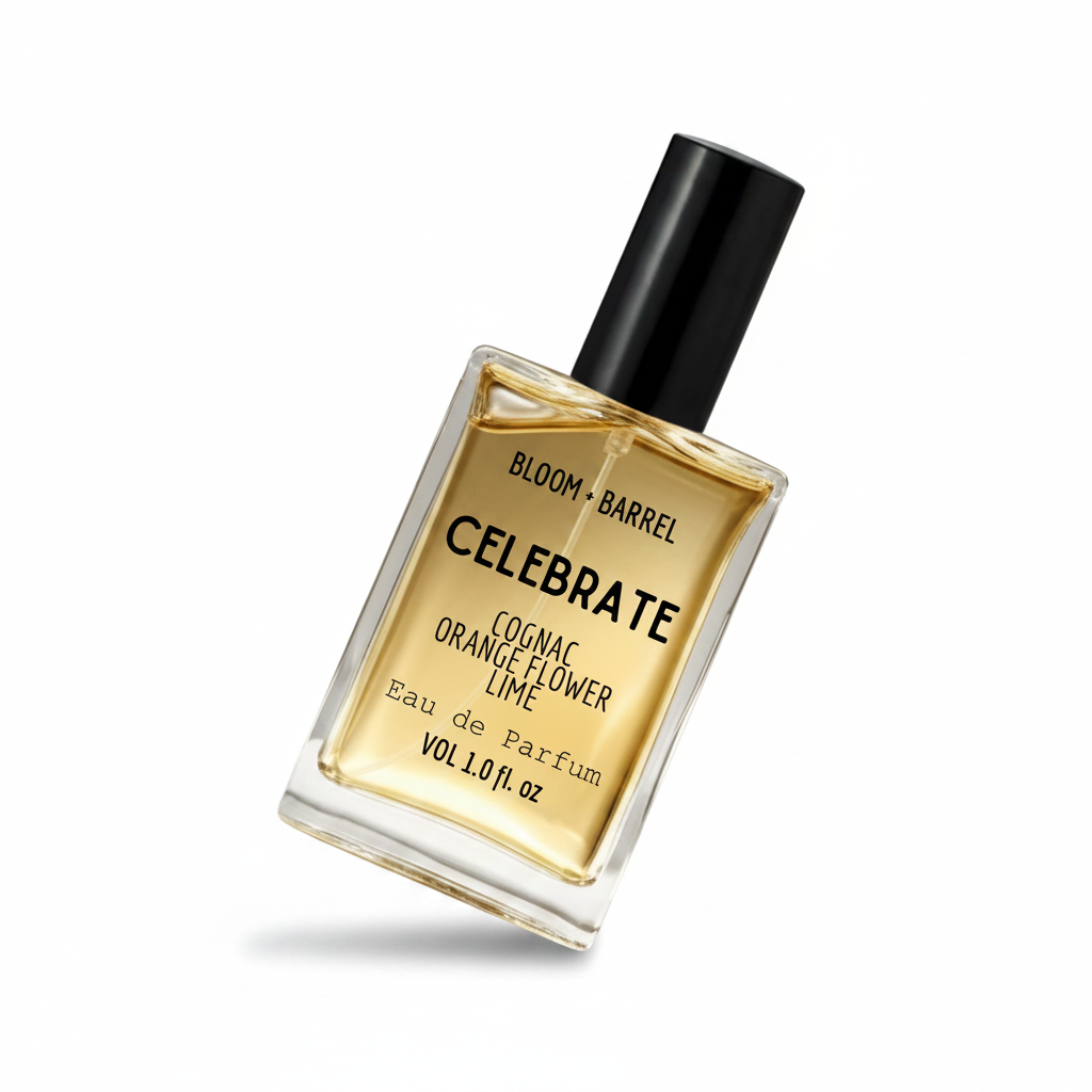 Perfume bottle labeled 'Celebrate' by Bloom & Barrel on a white background