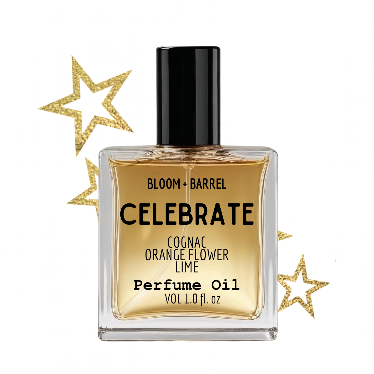 Perfume oil bottle labeled 'Celebrate' with gold star accents on a white background