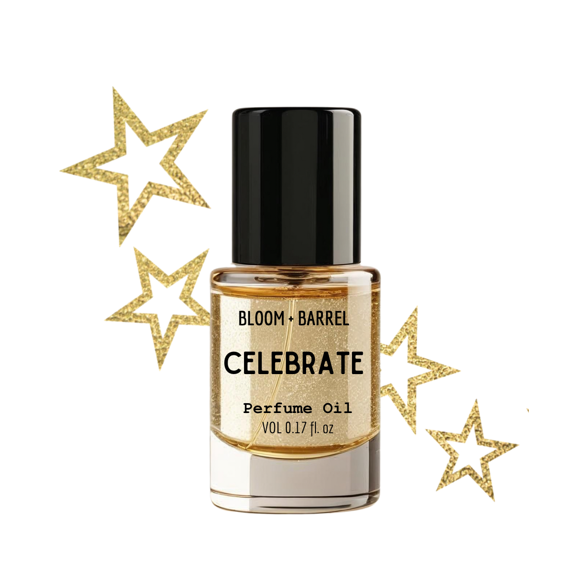 Perfume oil bottle labeled 'Celebrate' by Bloom & Barrel with decorative stars on a white background