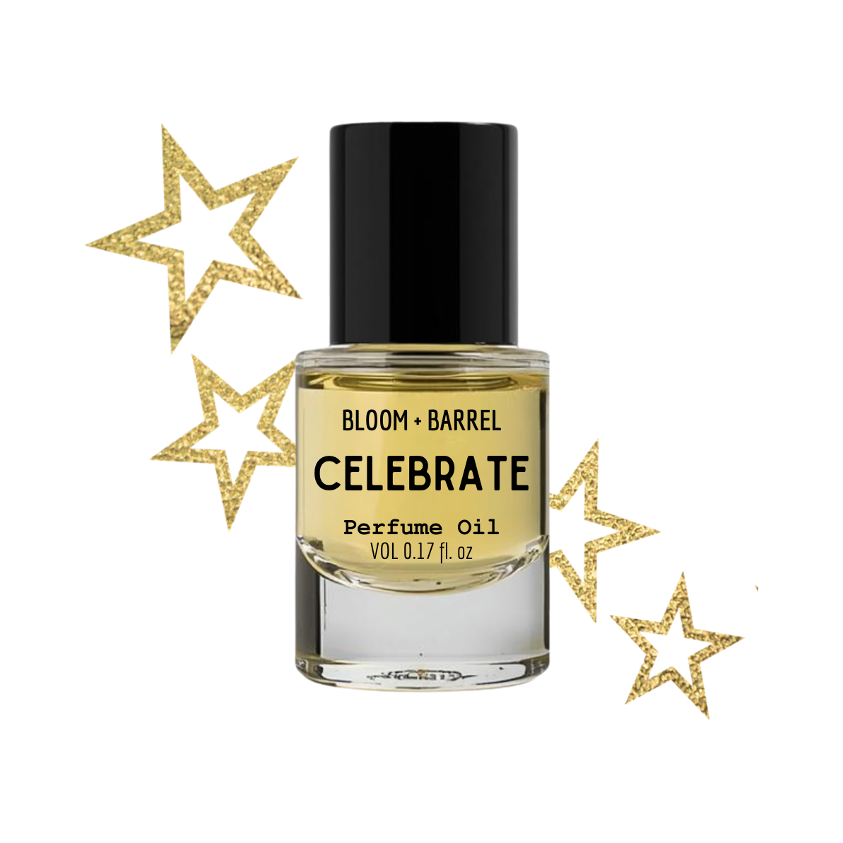 Perfume oil bottle labeled 'Celebrate' by Bloom & Barrel with decorative gold stars on a white background