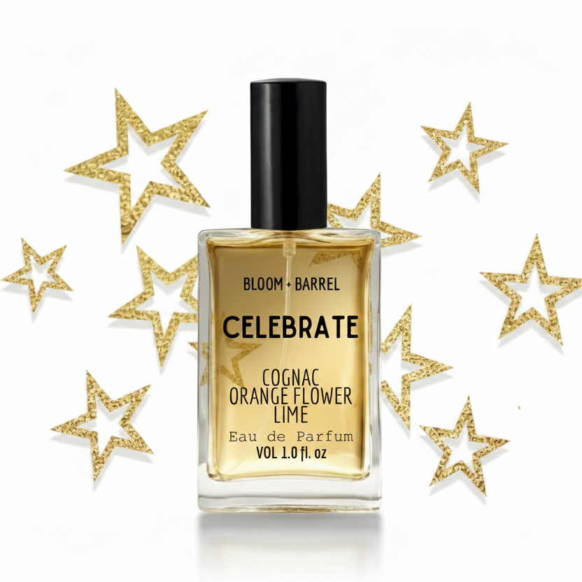 Perfume bottle labeled 'Celebrate' with gold label and black cap on a white background with gold stars.