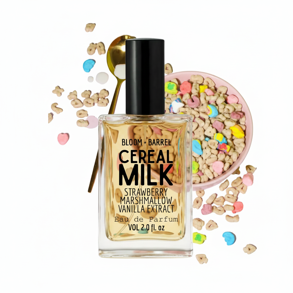 Bloom + Barrel Cereal Milk Strawberry Marshmallow Vanilla Extract Eau de Parfum in a clear rectangular bottle with a black cap, styled with cereal pieces, a spoon, and a bowl of colorful marshmallows on a white background.