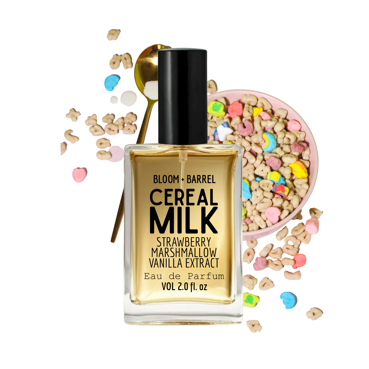 Bloom + Barrel Cereal Milk Strawberry Marshmallow Vanilla Extract Eau de Parfum in a clear rectangular bottle with a black cap, styled with cereal pieces, a spoon, and a bowl of colorful marshmallows on a white background.