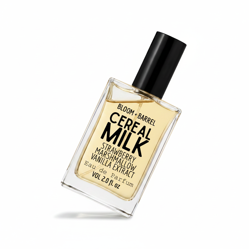 Perfume bottle labeled 'cereal milk' by Bloom & Barrel on a white background