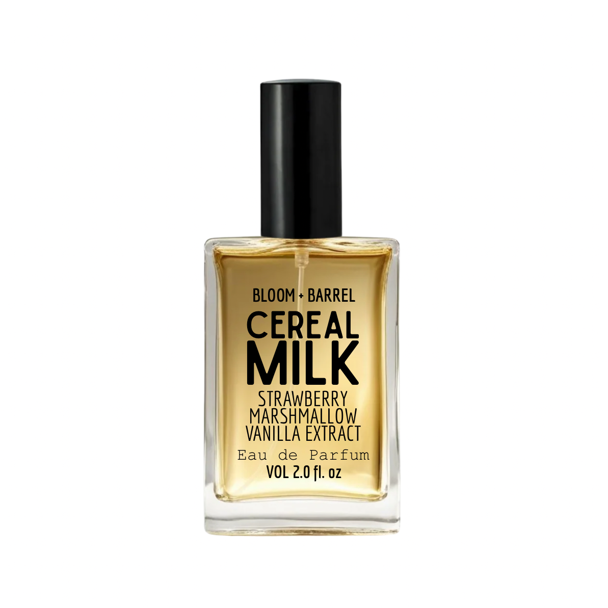 Perfume bottle labeled 'cereal milk' by Bloom & Barrel on a white background