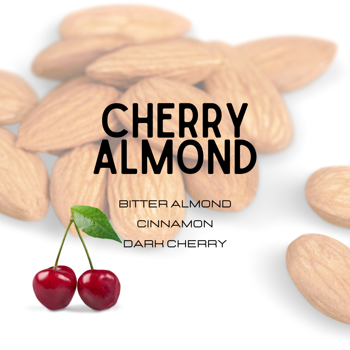 Almonds with cherry and text indicating flavor profile on a white background