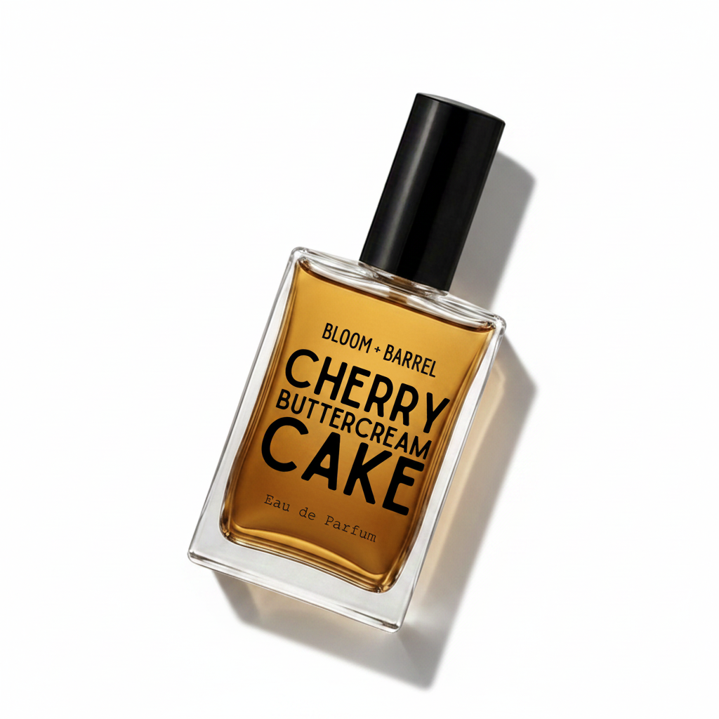 A rectangular glass bottle of Bloom Barrel Cherry Buttercream Cake Eau de Parfum with a black cap, filled with amber-colored liquid, set against a plain white background.