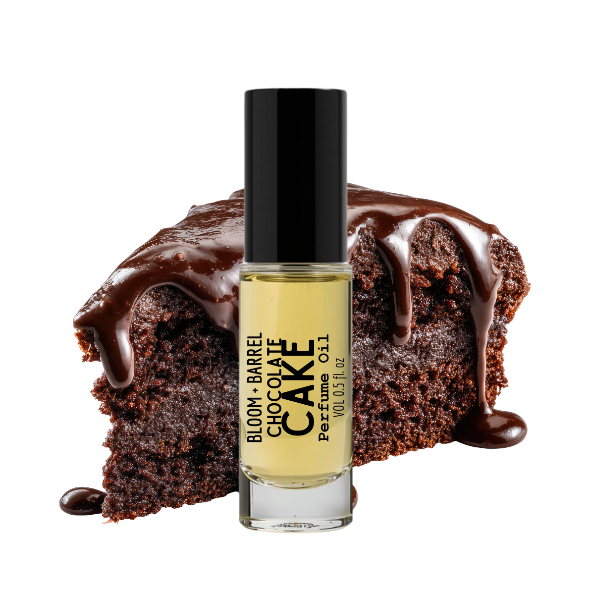 Perfume bottle labeled 'Bloom & Barrel Chocolate Cake' next to a slice of chocolate cake on a white background