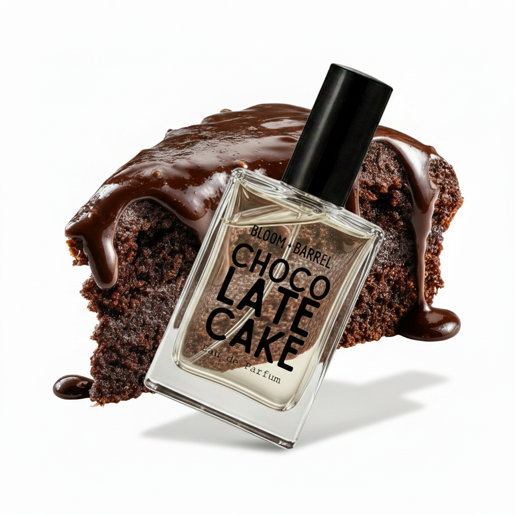 A perfume bottle labeled 'BLOOM • BARREL CHOCOLATE CAKE Eau de Parfum' centered in front of a sliced chocolate cake with glossy chocolate drizzle, on a white background.