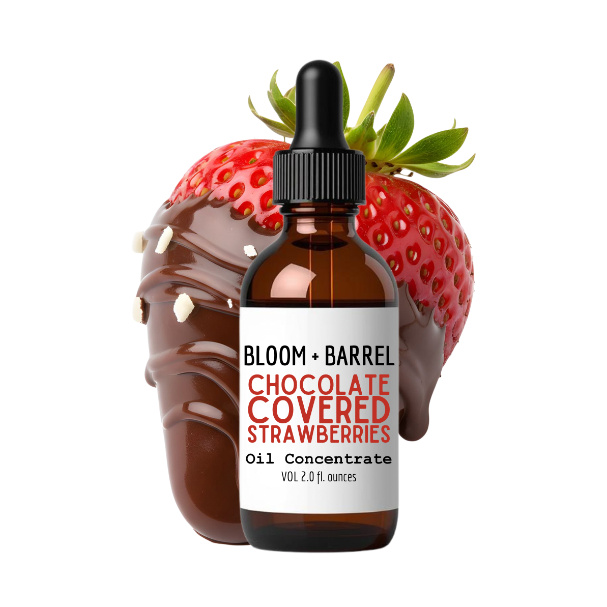 Bottle of Bloom + Barrel Chocolate Covered Strawberries Oil Concentrate with a strawberry on a white background