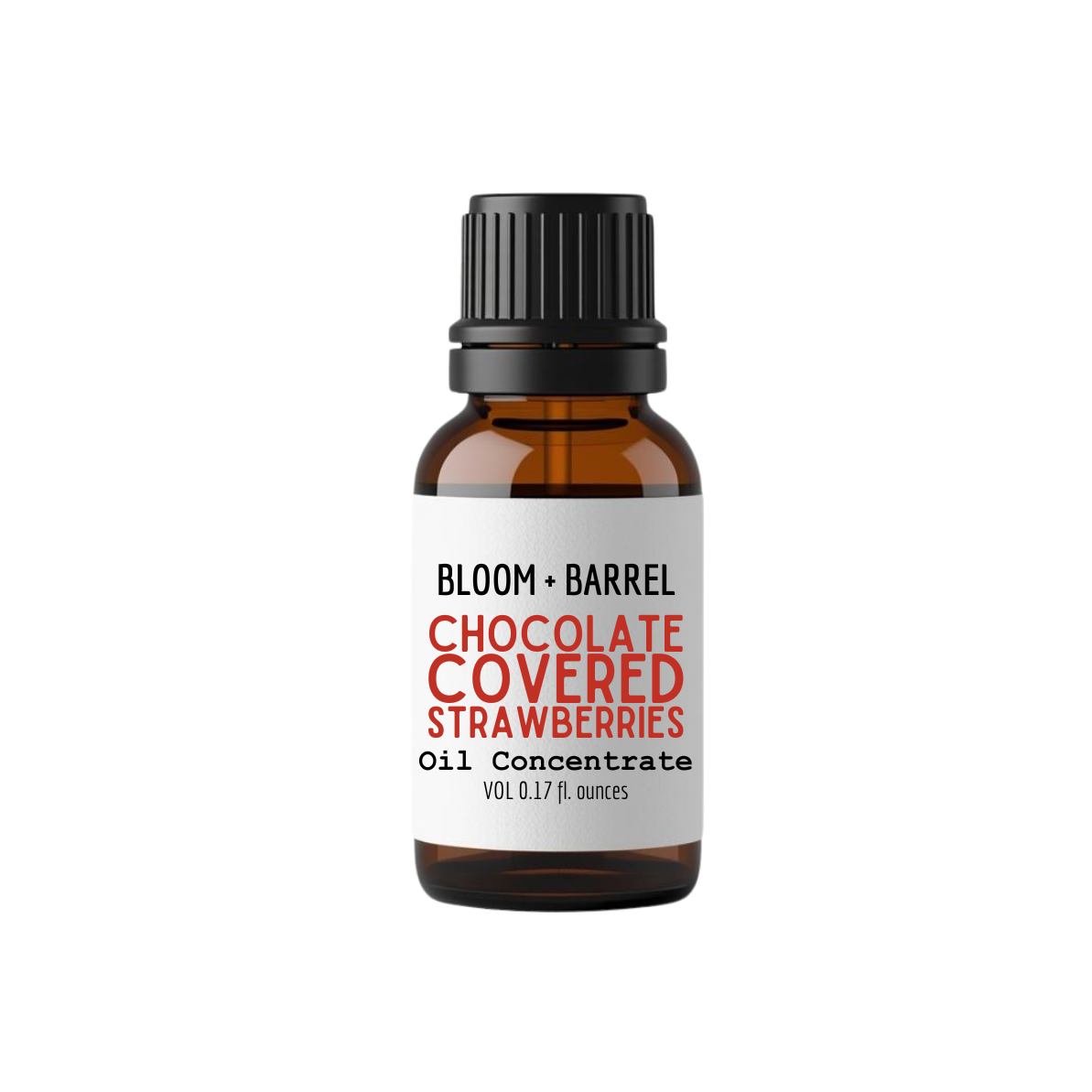 Bottle of Bloom & Barrel Chocolate Covered Strawberries oil concentrate on a white background