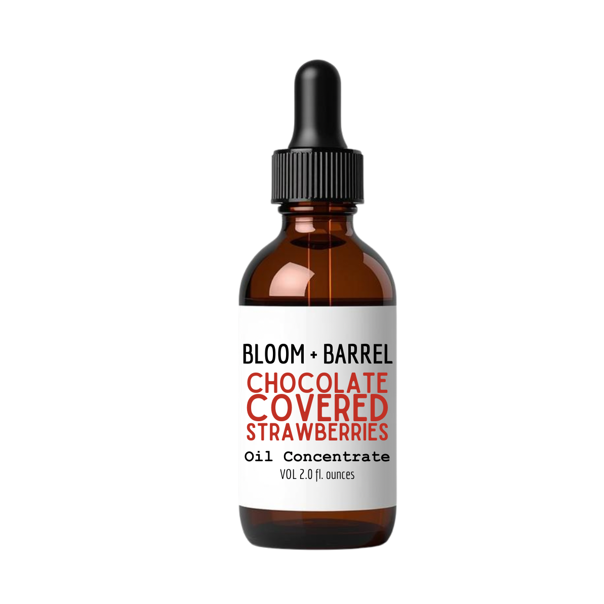 Bottle of Bloom + Barrel Chocolate Covered Strawberries oil concentrate on a white background