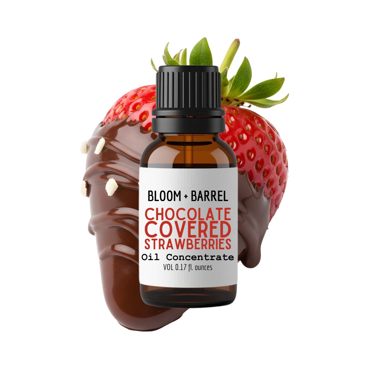 Bottle of Bloom & Barrel Chocolate Covered Strawberries Oil Concentrate with a strawberry on a white background