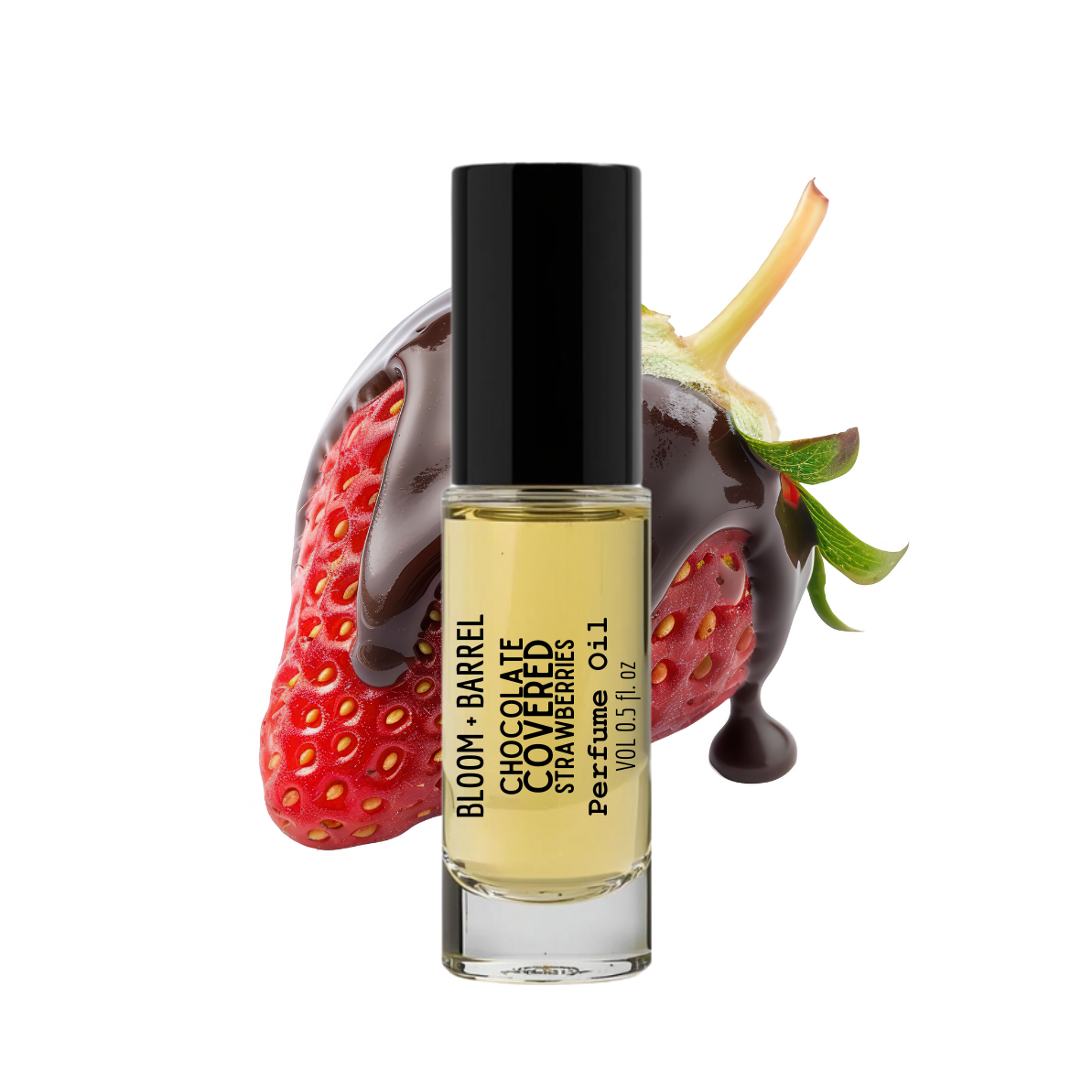 Perfume bottle labeled 'Chocolate Covered Strawberries' with a strawberry in the background on a white background