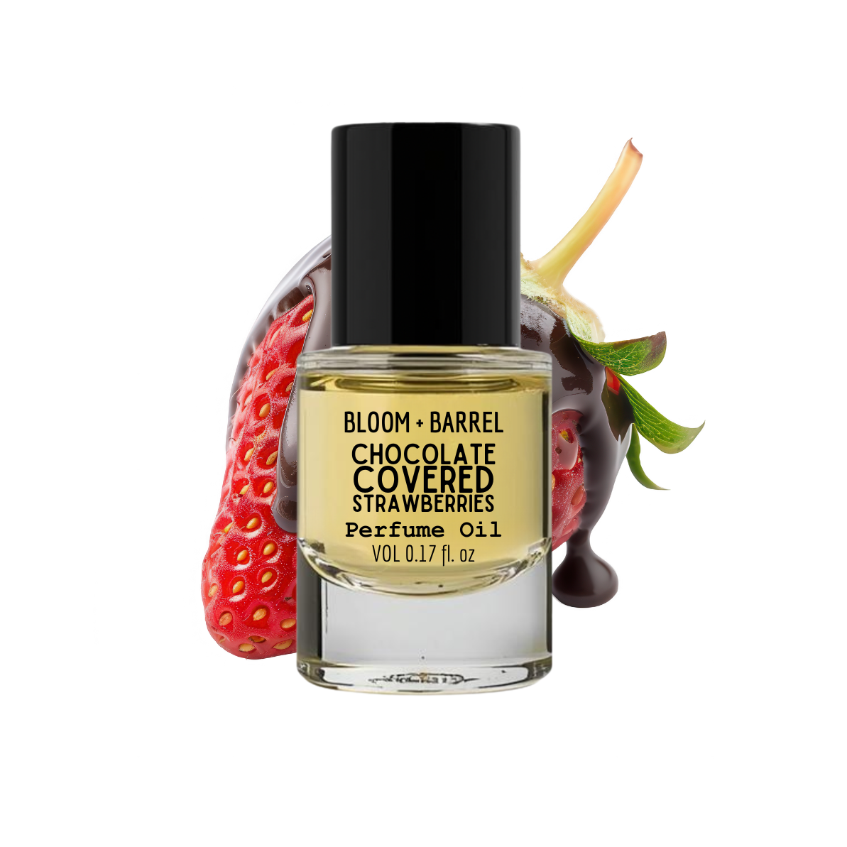 Perfume oil bottle labeled 'Bloom & Barrel Chocolate Covered Strawberries' with a strawberry in the background.