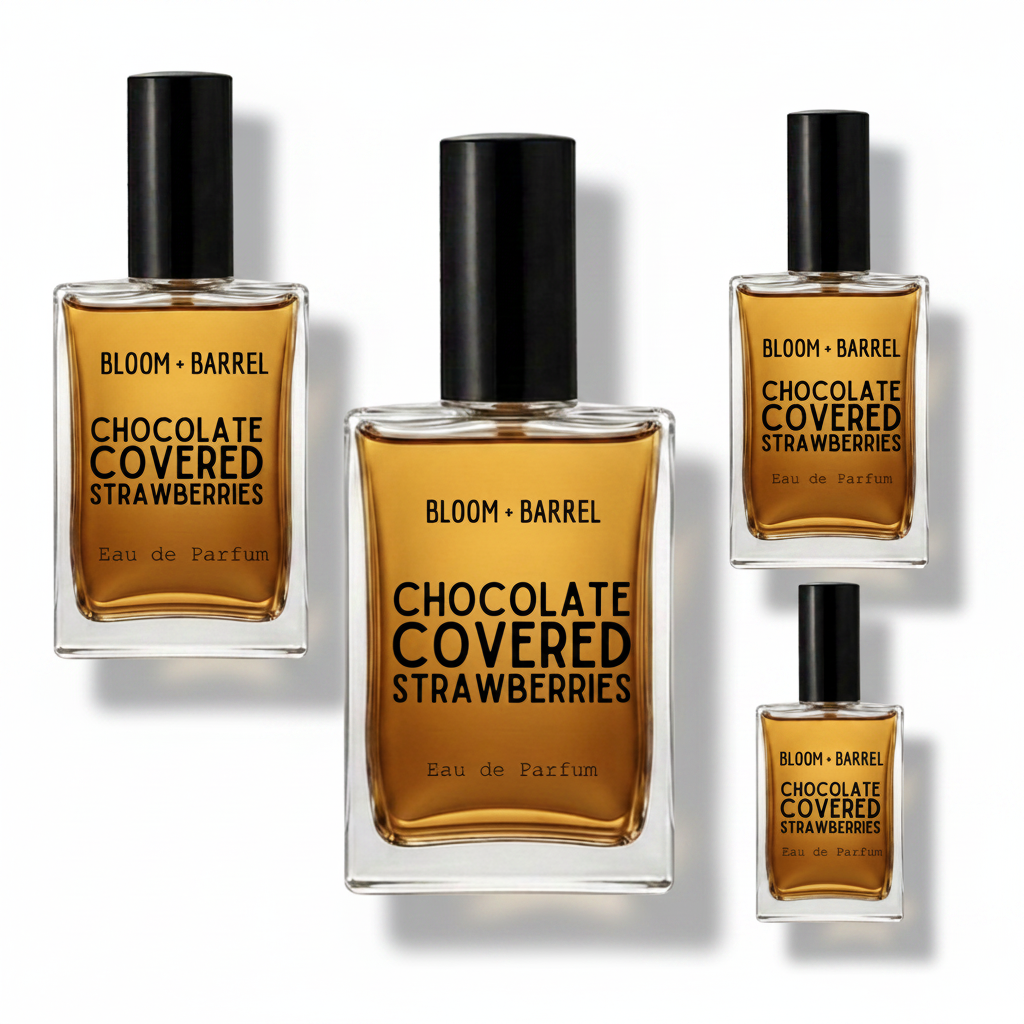 Four glass perfume bottles of BLOOM • BARREL Chocolate Covered Strawberries Eau de Parfum with amber liquid and black caps, arranged on a plain white background.