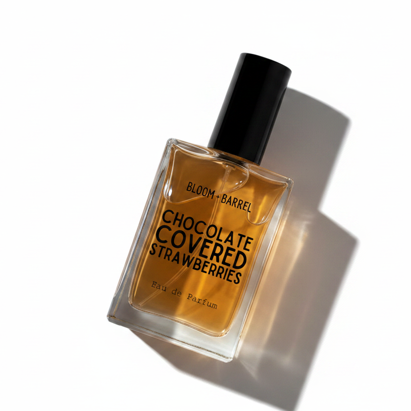 A rectangular glass bottle of Bloom Barrel 'Chocolate Covered Strawberries' Eau de Parfum, filled with amber-colored liquid and featuring a black cap, set against a plain white background.