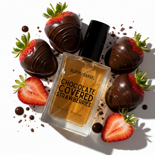 A perfume bottle labeled 'BLOOM + BARREL CHOCOLATE COVERED STRAWBERRIES Eau de Parfum' surrounded by glossy chocolate-covered strawberries, fresh strawberry halves, and scattered chocolate shavings on a white background.
