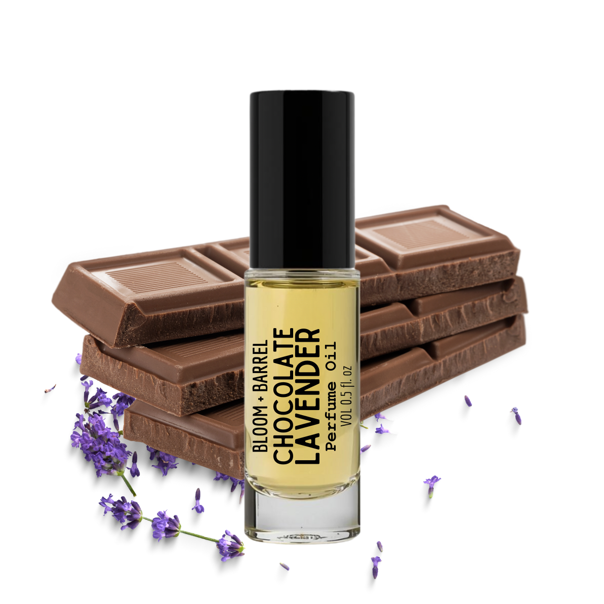 Perfume bottle labeled 'Chocolate Lavender' with chocolate bars and lavender flowers on a white background