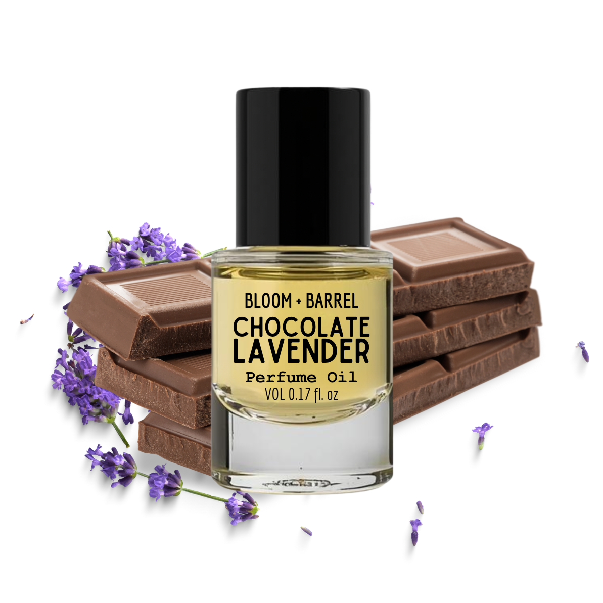 Bottle of Bloom & Barrel Chocolate Lavender perfume oil with chocolate bars and lavender flowers on a white background
