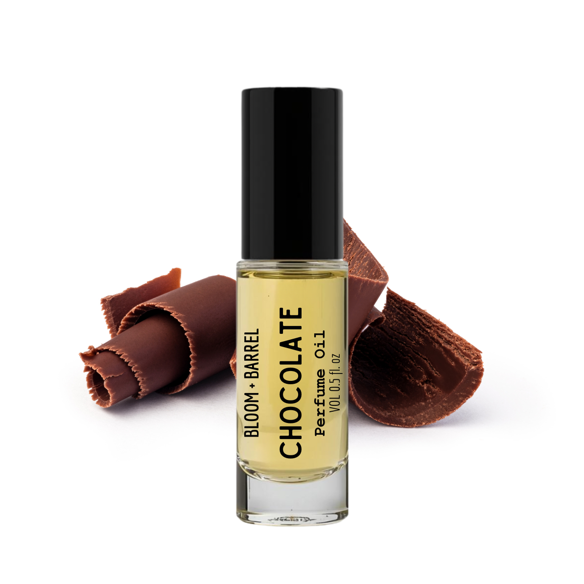 Perfume bottle labeled 'Chocolate' by Bloom & Barrel with chocolate-themed packaging on a white background