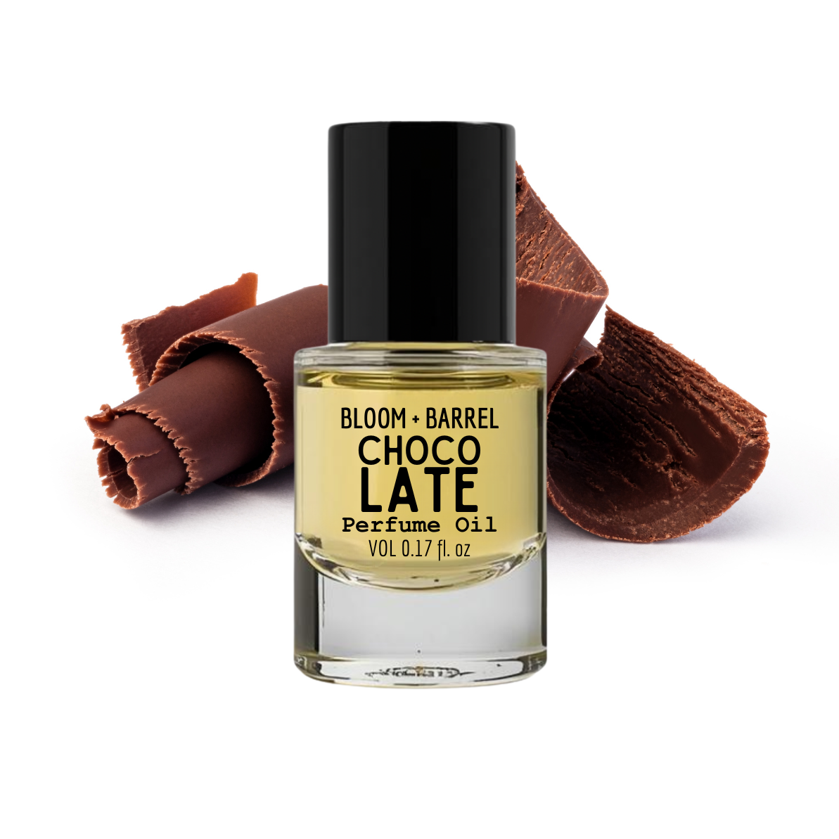 Bottle of Bloom & Barrel Choco Late perfume oil with chocolate-themed packaging on a white background