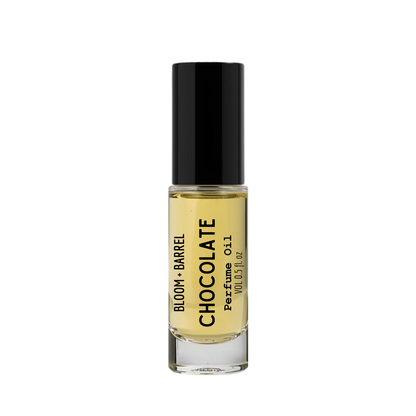 Perfume bottle labeled 'Bloom & Barrel Chocolate' on a white background