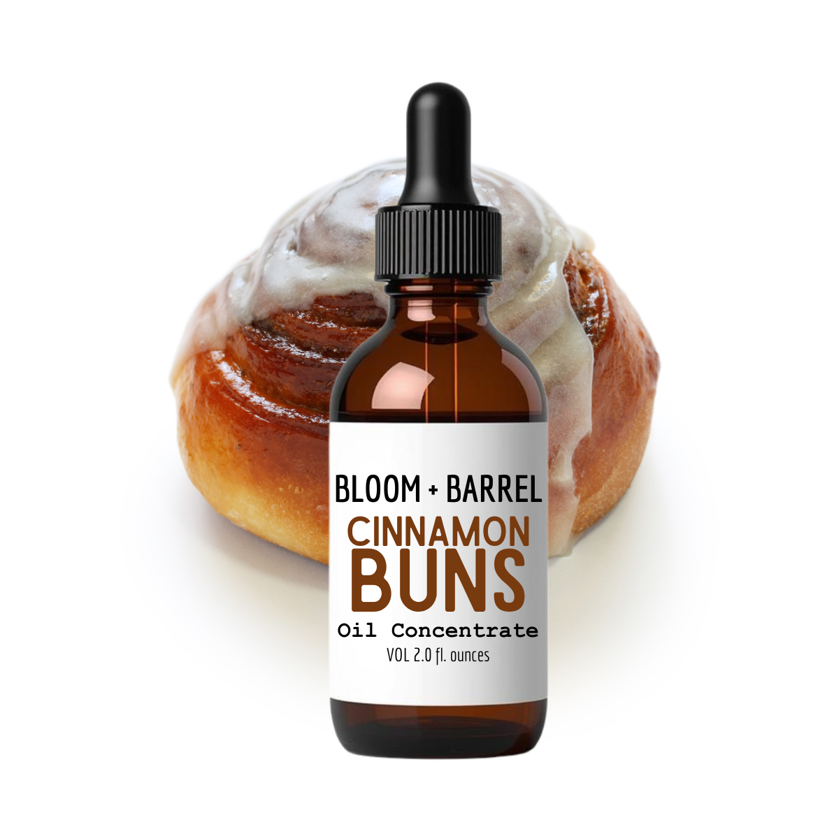 Bottle of 'Bloom + Barrel Cinnamon Buns' oil concentrate with a cinnamon bun in the background.
