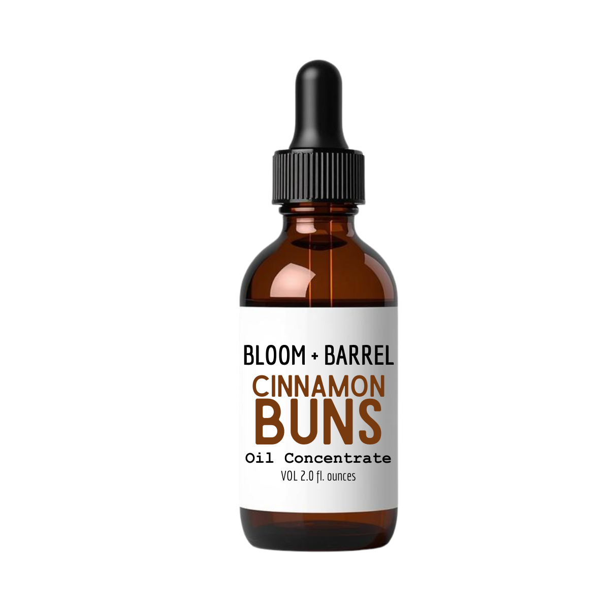 Bottle of Bloom + Barrel Cinnamon Buns oil concentrate on a white background