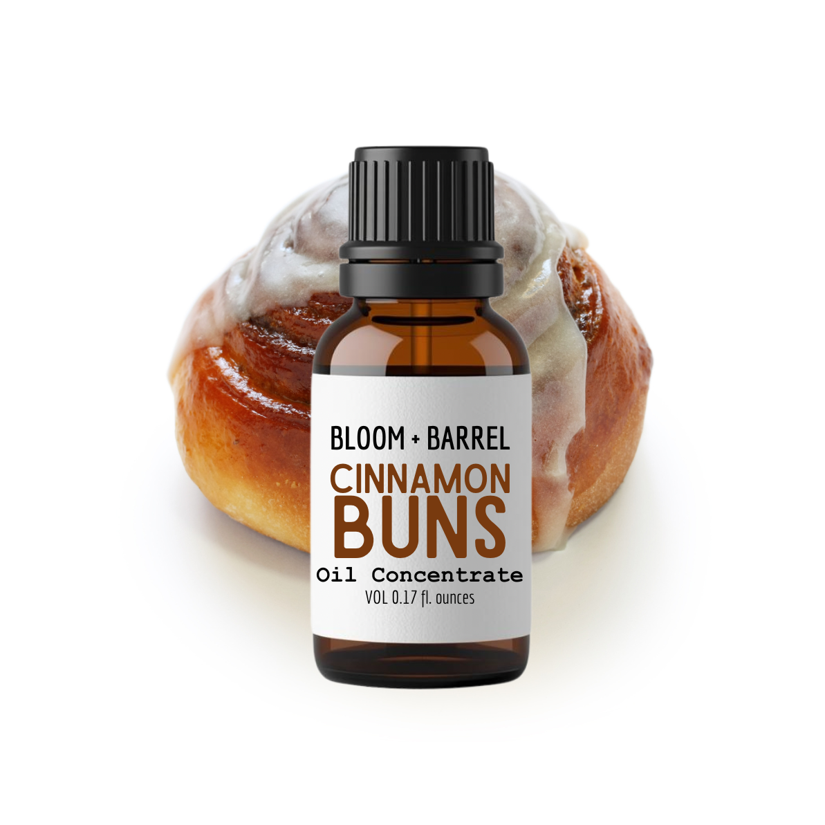 Bottle of Bloom & Barrel Cinnamon Buns oil concentrate with a cinnamon bun in the background