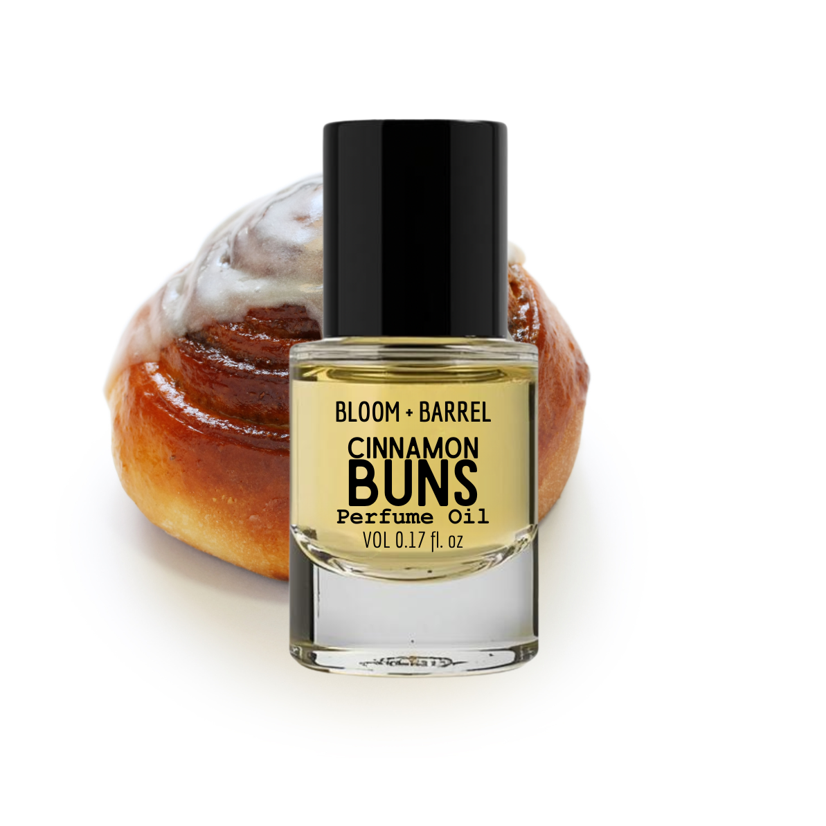 Bottle of Bloom & Barrel Cinnamon Buns perfume oil with a cinnamon bun in the background
