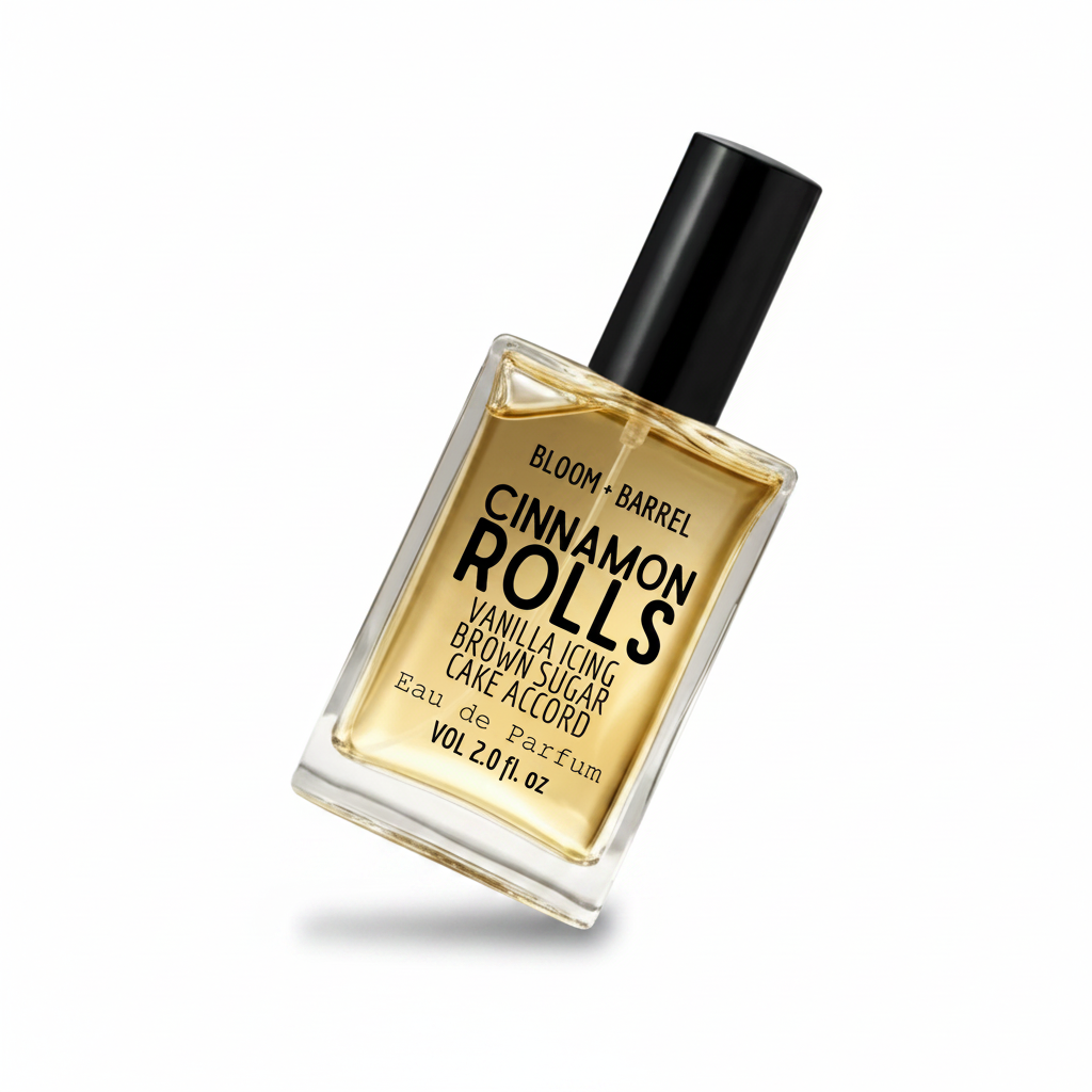 Perfume bottle labeled 'cinnamon rolls' by Bloom & Barrel on a white background