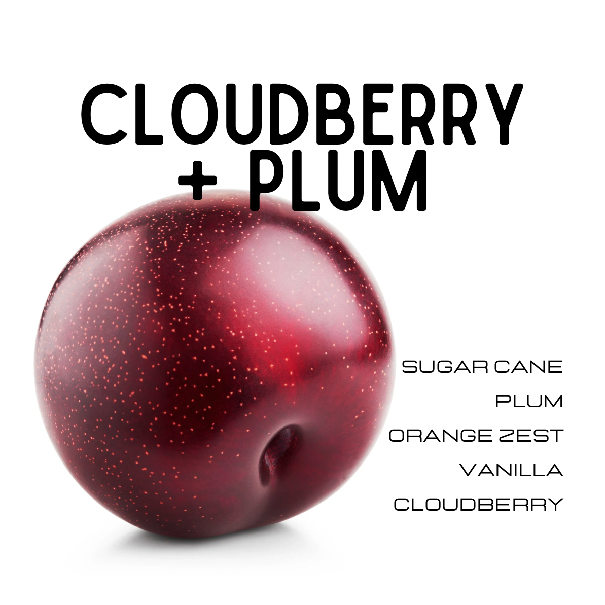 Red fruit with speckles labeled 'Cloudberry + Plum' on a white background