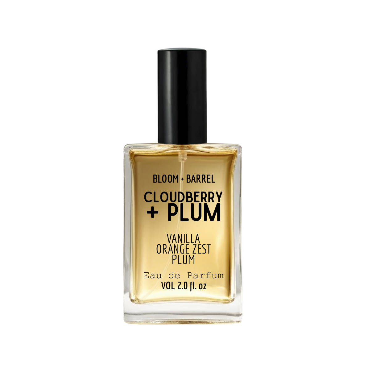 Perfume bottle labeled 'Bloom + Barrel Cloudberry + Plum' on a white background