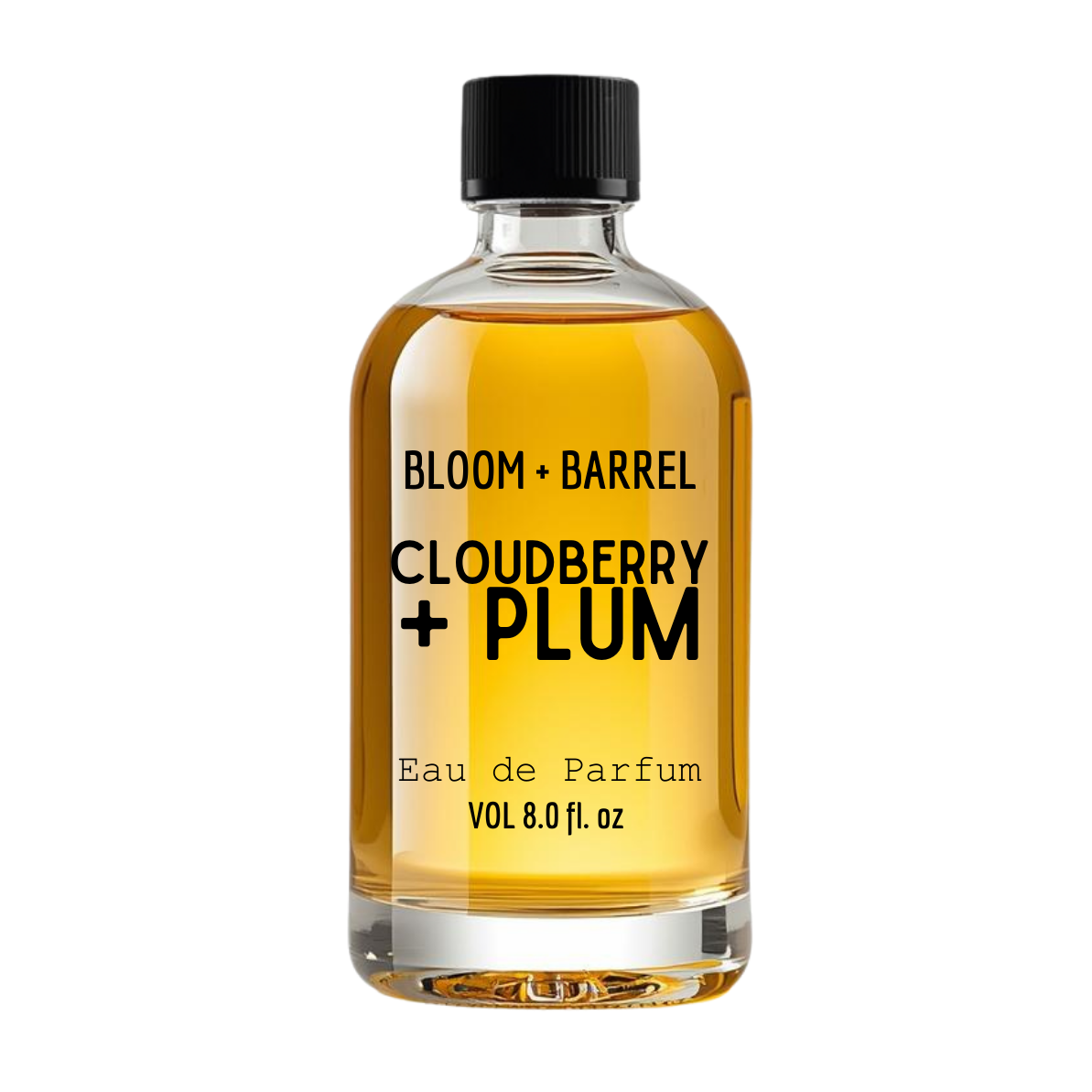Bottle of Bloom + Barrel Cloudberry + Plum eau de parfum on a white background