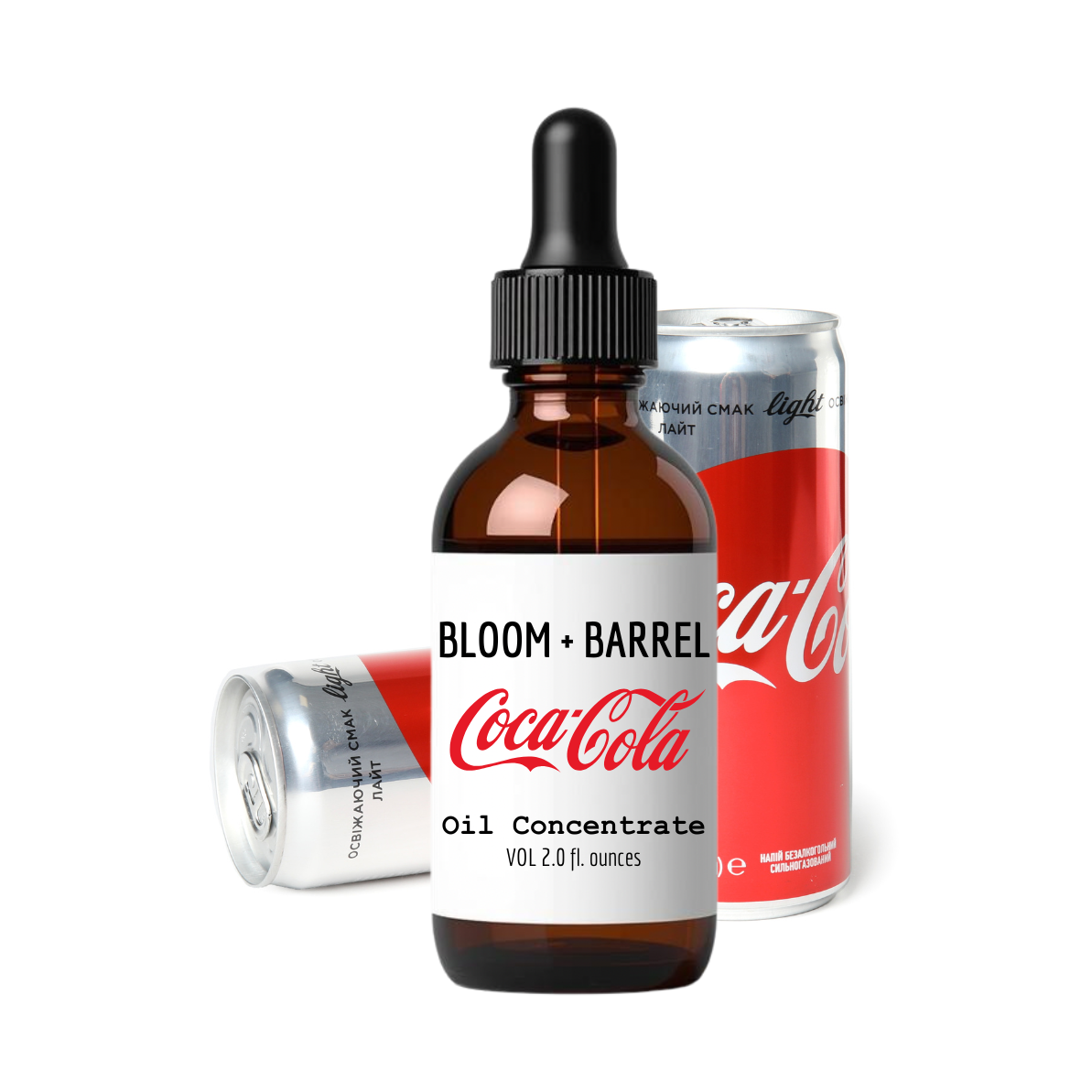 Bottle of Bloom + Barrel Coca-Cola Oil Concentrate with two cans on a white background