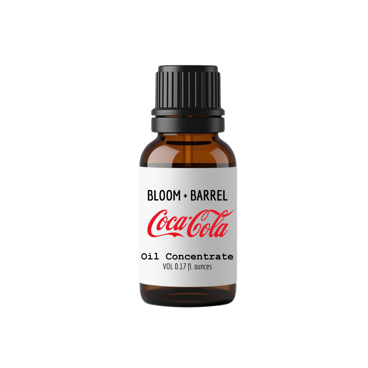 Bottle of Coca-Cola oil concentrate with black cap on a white background