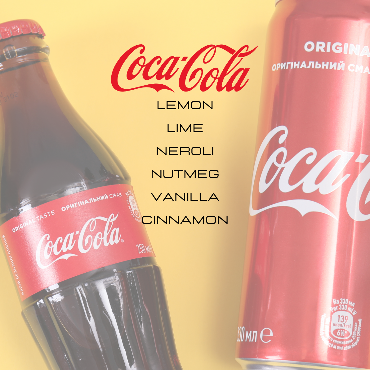 Coca-Cola bottle and can with flavor options on a yellow background