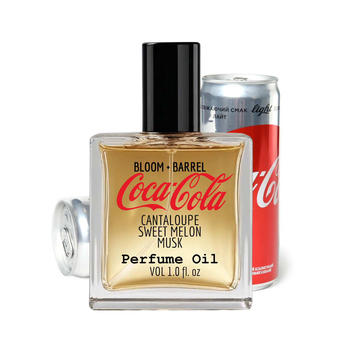 Coca-Cola perfume oil bottle with a can on a white background