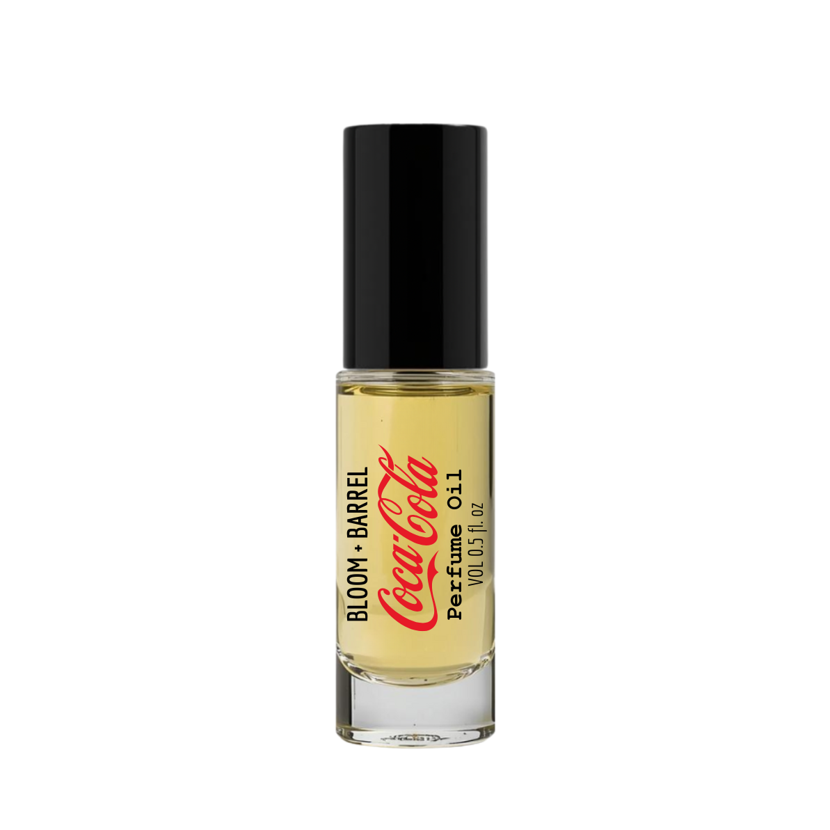 Perfume bottle labeled 'Bloom & Barrel Coca-Cola' on a white background