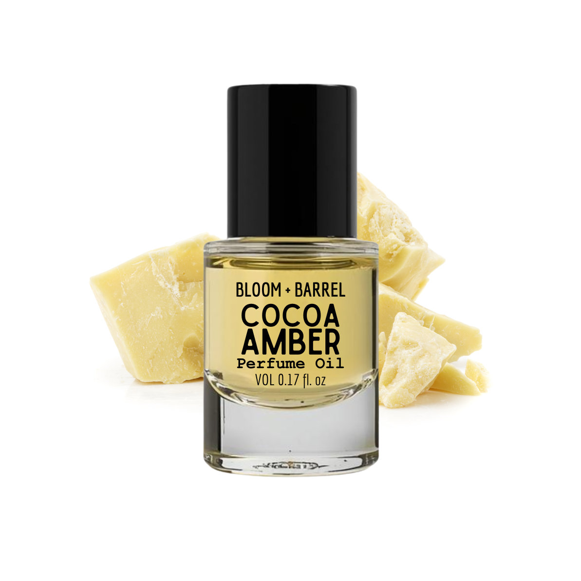 Bottle of Bloom & Barrel Cocoa Amber perfume oil with cocoa beans on a white background