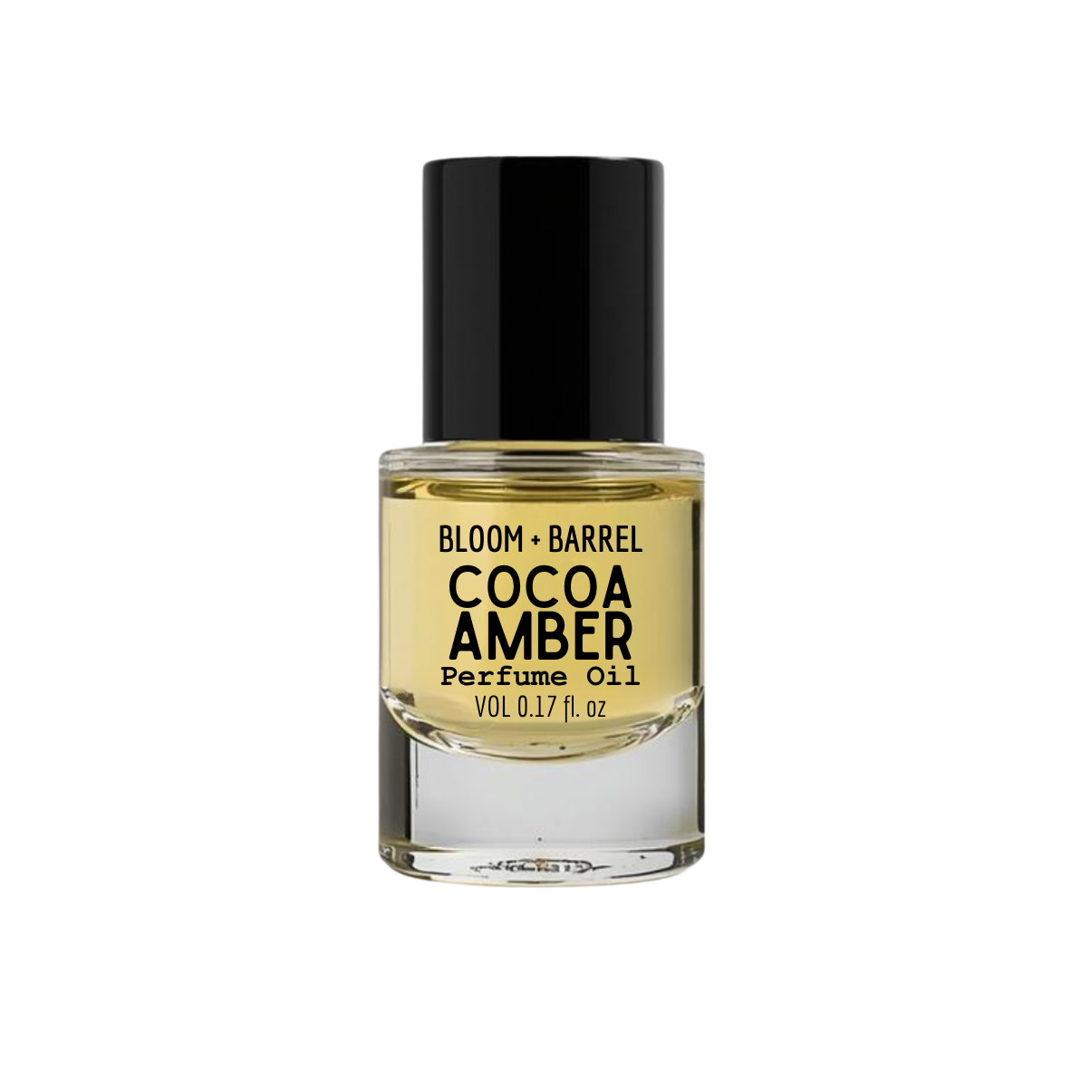 Perfume oil bottle labeled 'Cocoa Amber' by Bloom & Barrel on a white background