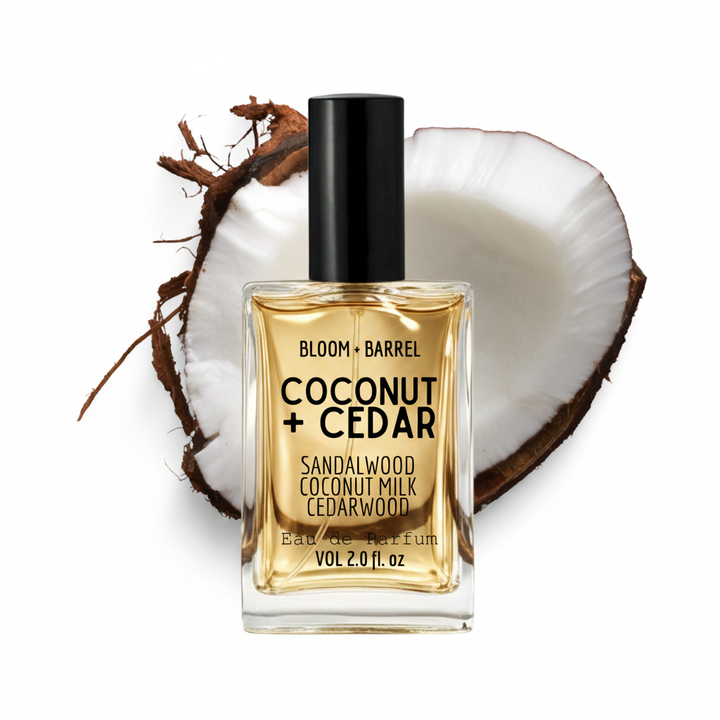 Perfume bottle labeled 'Coconut + Cedar' with a coconut and sandalwood piece on a white background
