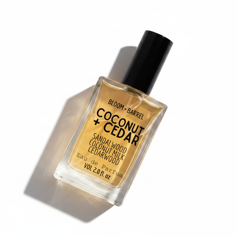Bottle of Bloom + Barrel Coconut + Cedar sandalwood coconut milk cedarwood eau de parfum on a white background