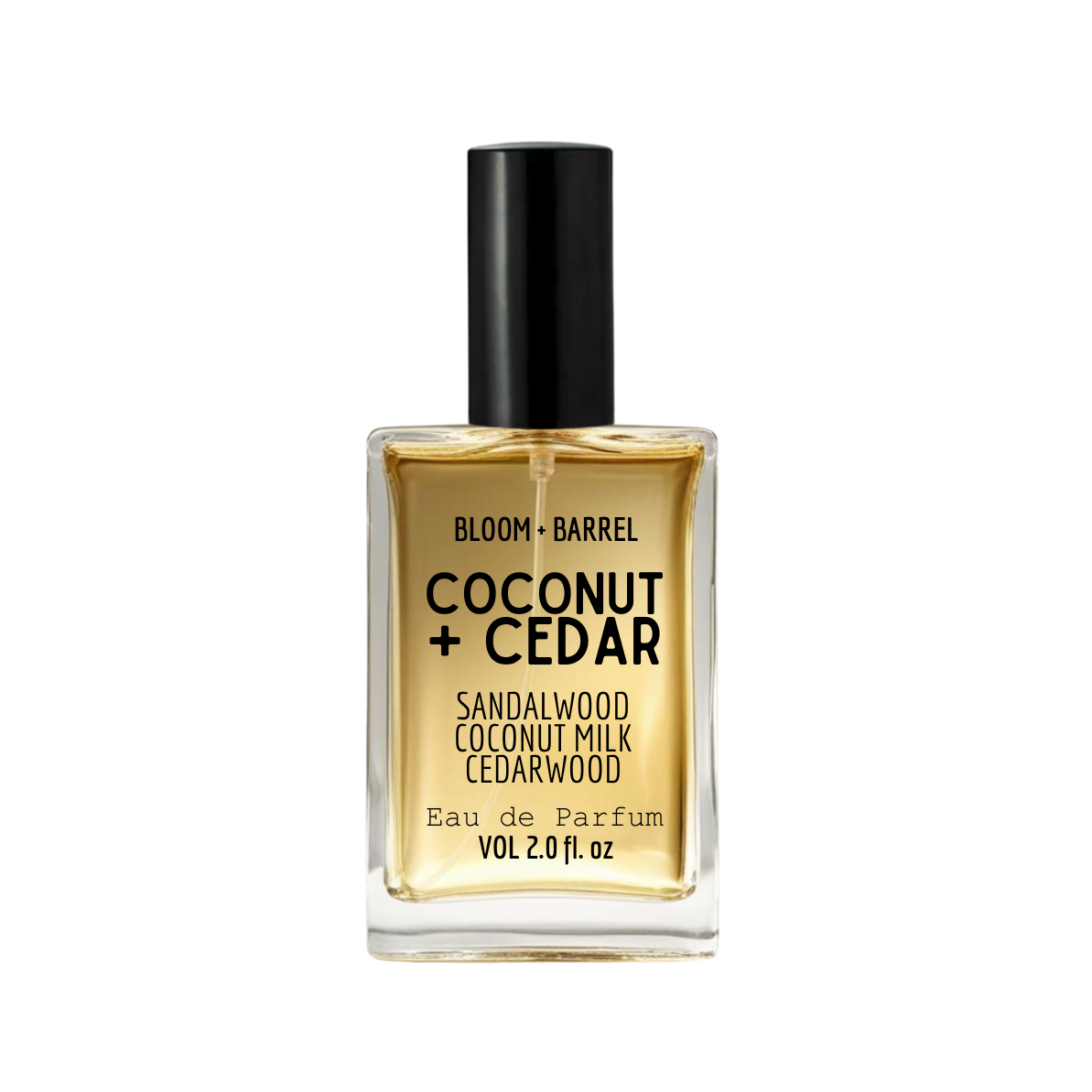 Bottle of Bloom + Barrel Coconut + Cedar sandalwood coconut milk cedarwood eau de parfum on a white background