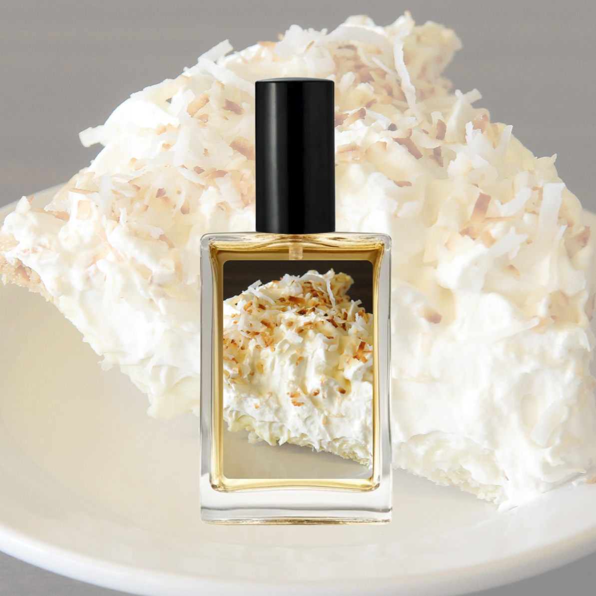 Perfume bottle with coconut shell design on a white plate