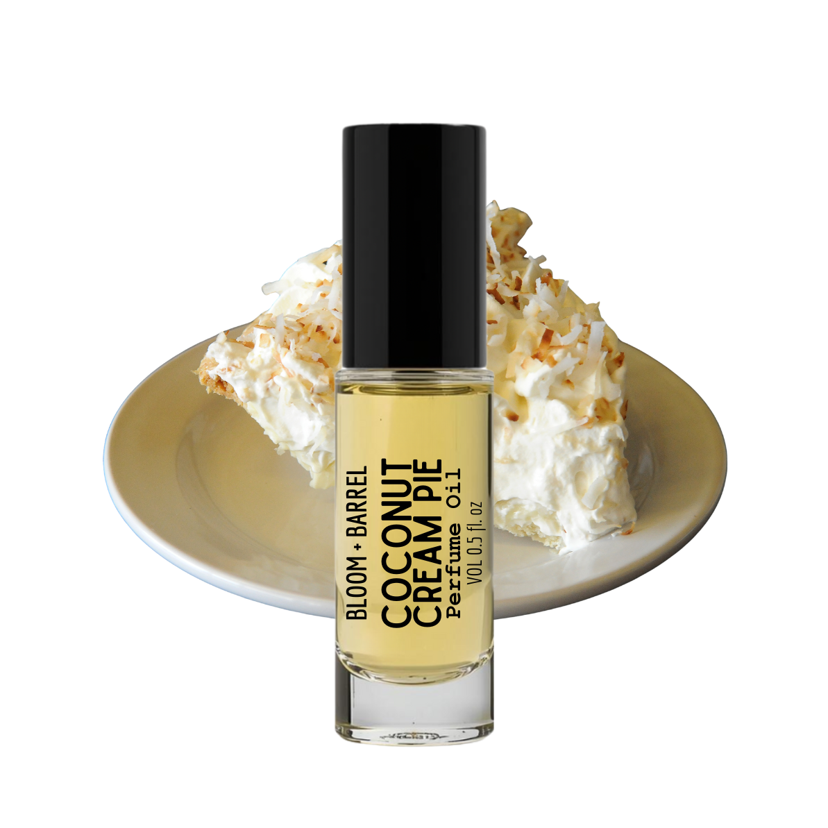 Bottle of Bloom & Barrel Coconut Cream Pie perfume with a slice of coconut cream pie on a white background