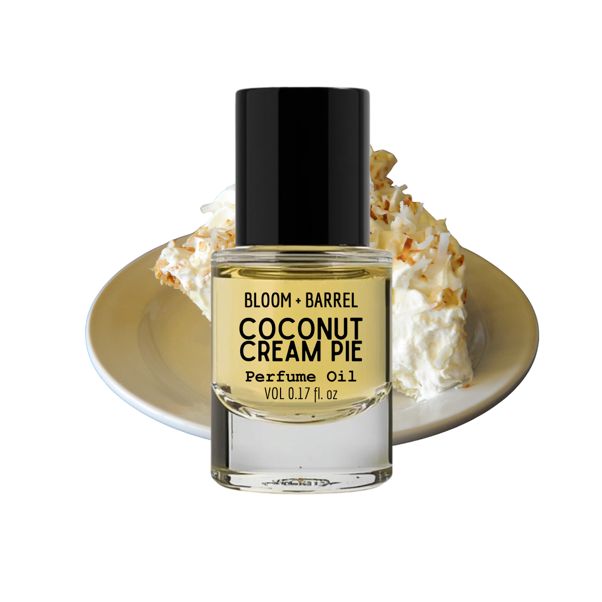 Bottle of Bloom & Barrel Coconut Cream Pie perfume oil with a slice of coconut cream pie on a white background