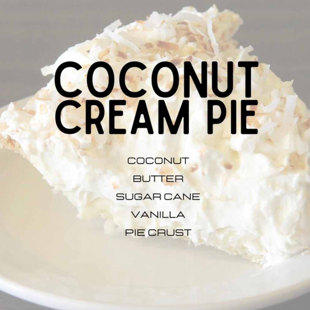 Coconut cream pie with text listing ingredients on a gray background